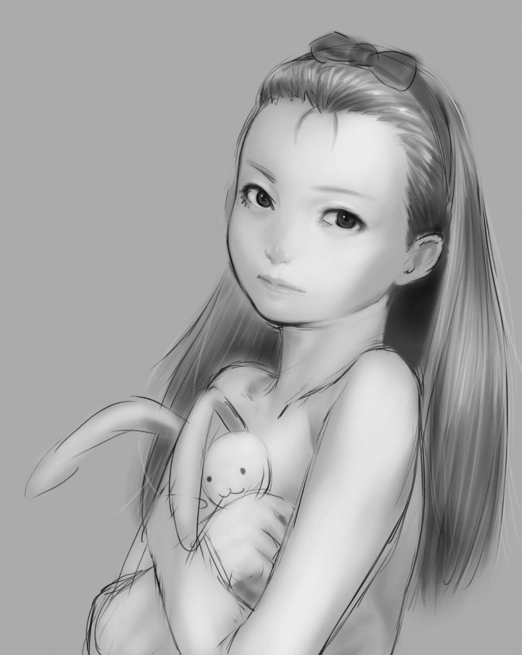 портрет девочки с зайчиком черно белая картинка minase iori